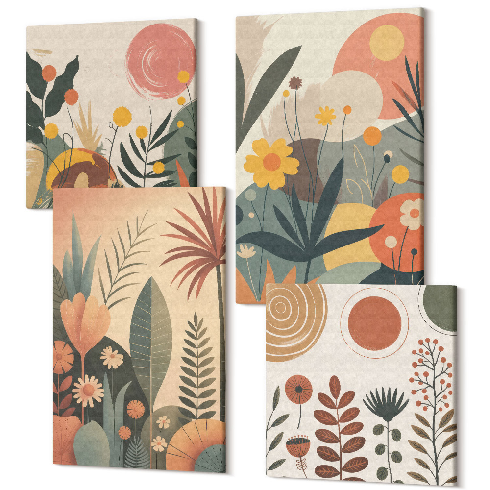 Négy részes vászonkép szett Boho növényi minták meleg árnyalatokban, természetes hangulattal