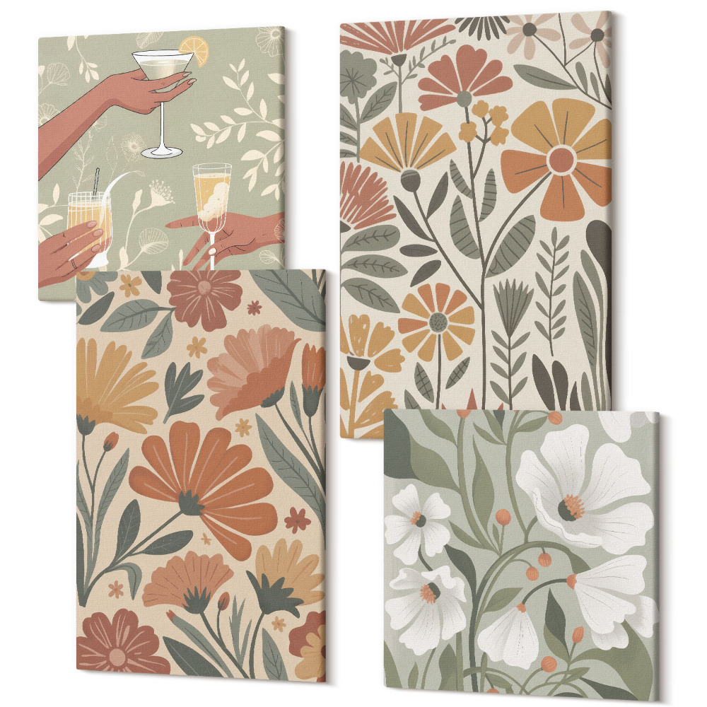 Négy részes vászonkép Virágminták narancssárga és zöld árnyalatokban