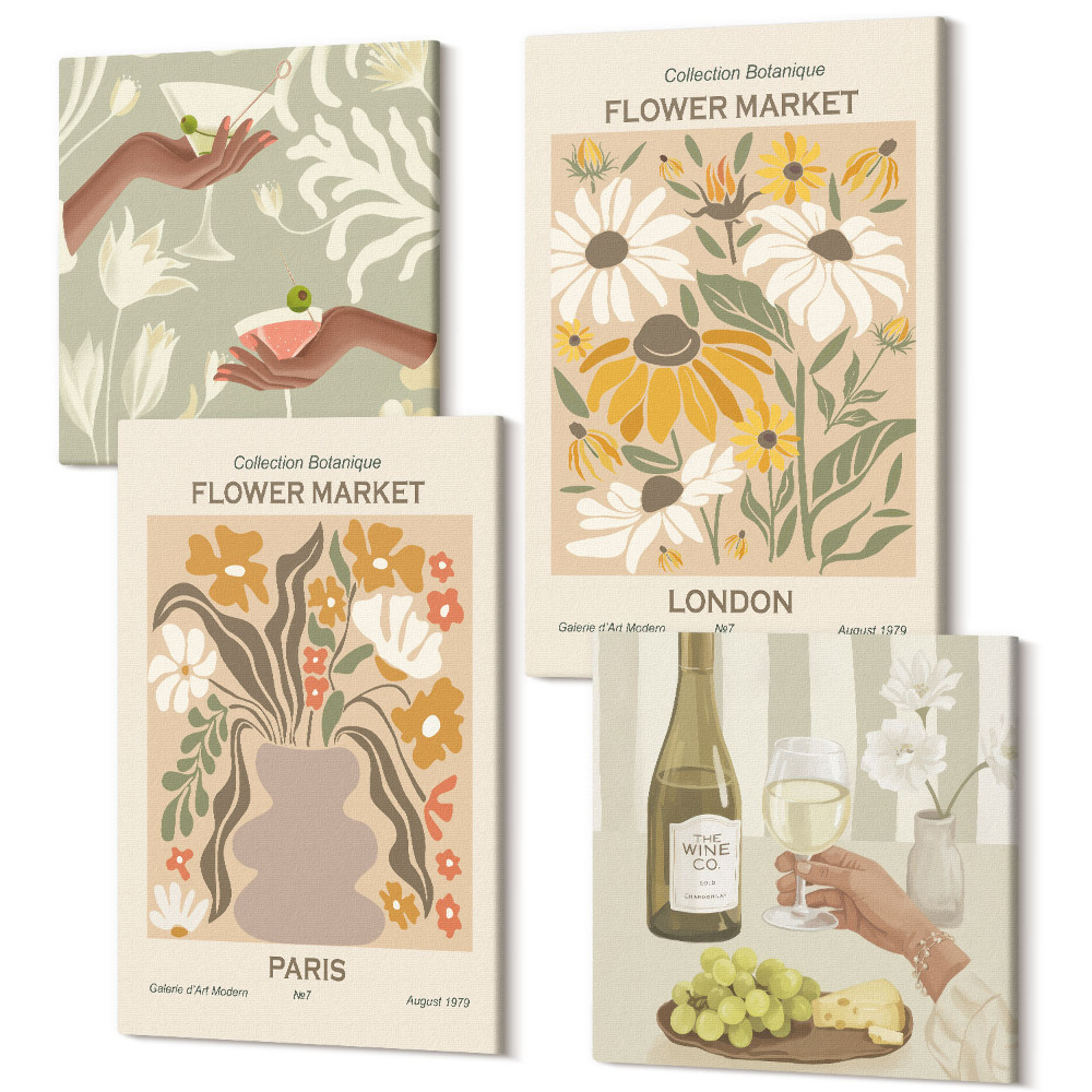 Négy részes vászonkép szett Virágminták Amszterdamból, Párizsból és Londonból