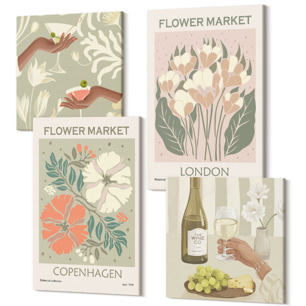 Négy részes vászonkép szett Virágos plakátok bor Koppenhága London