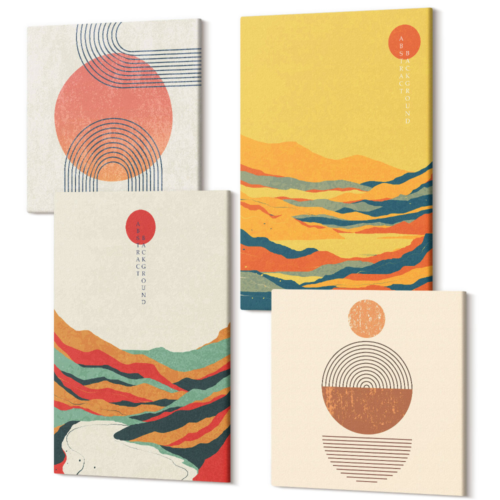 Négy részes vászonkép szett Hegyek és folyók színes mintái Japandi stílusban