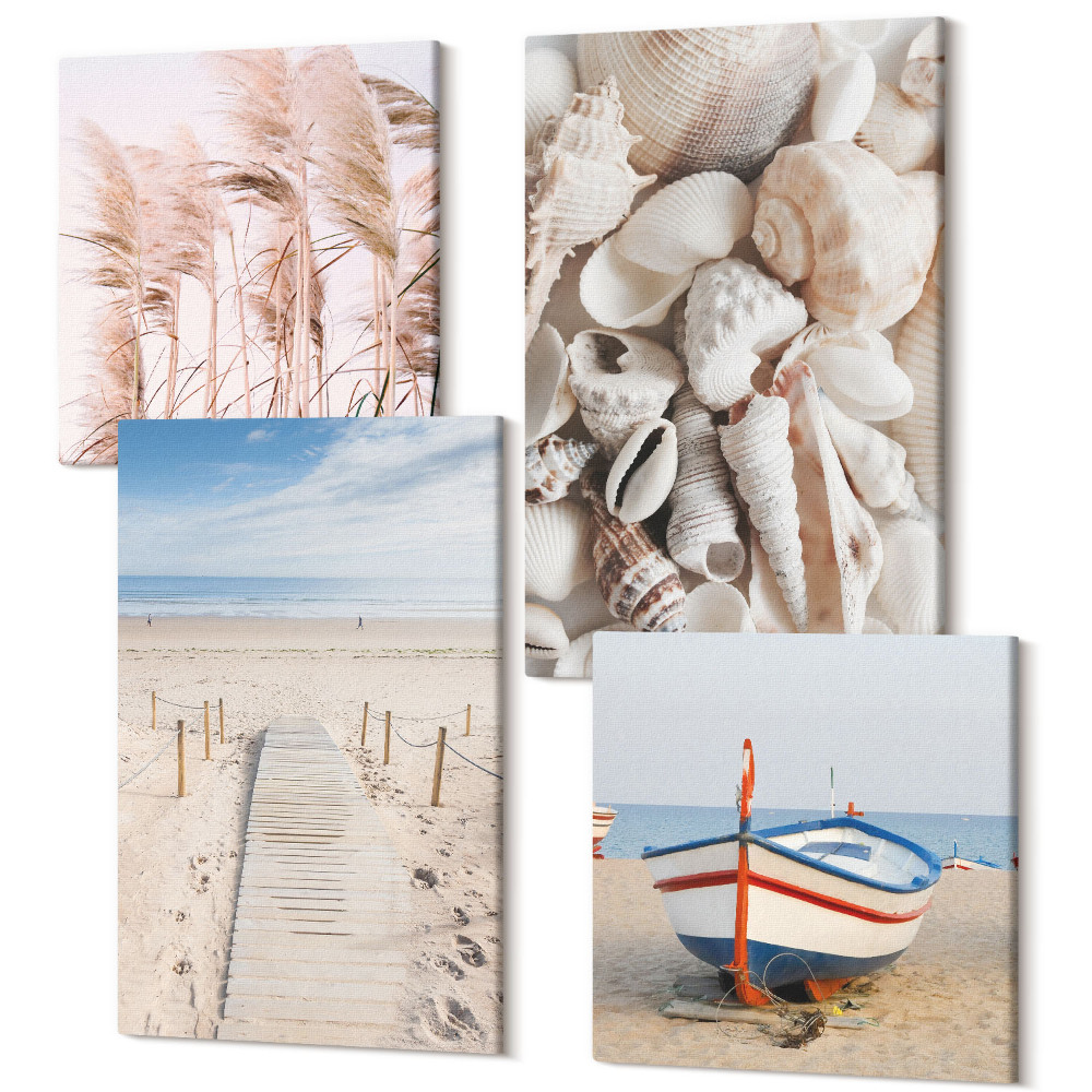 Négy részes vászonkép szett Homokos tengerparti csónak kagylók fű boho