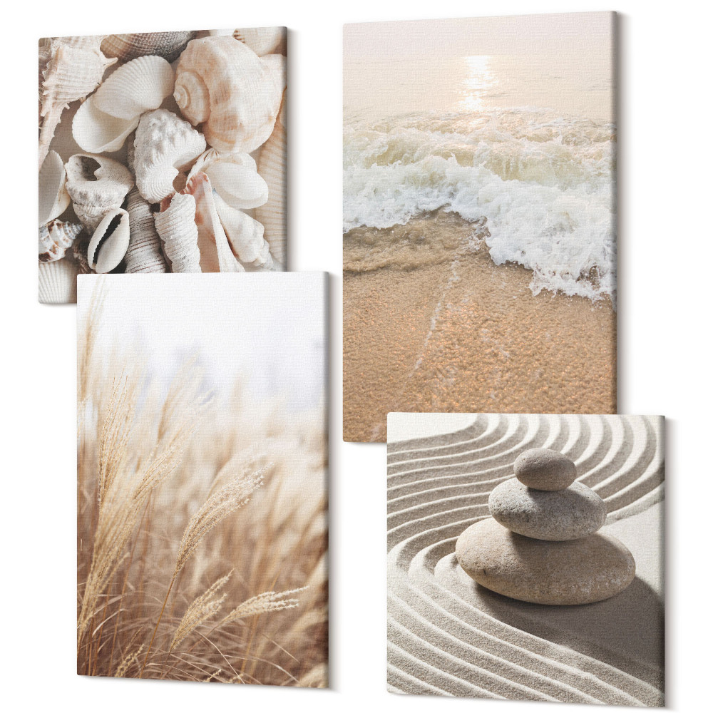Négy részes vászonkép szett Tengerparti motívumok kagylókkal és tenger hullámaival