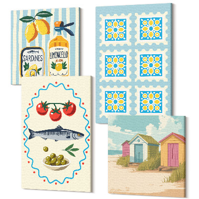 Négy részes vászonkép szett Mediterrán stílusú konyhai illusztrációk