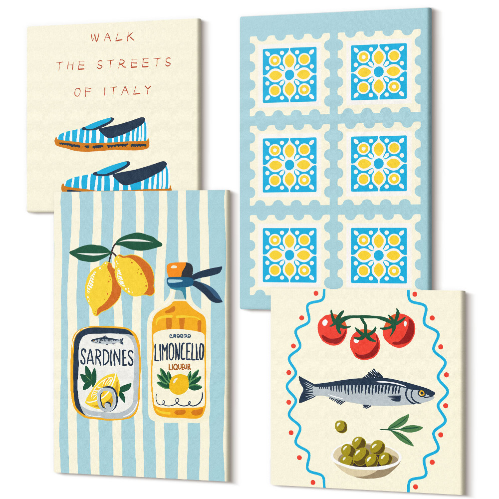 Négy részes vászonkép szett Gyümölcsminták és az olasz kultúra elemei