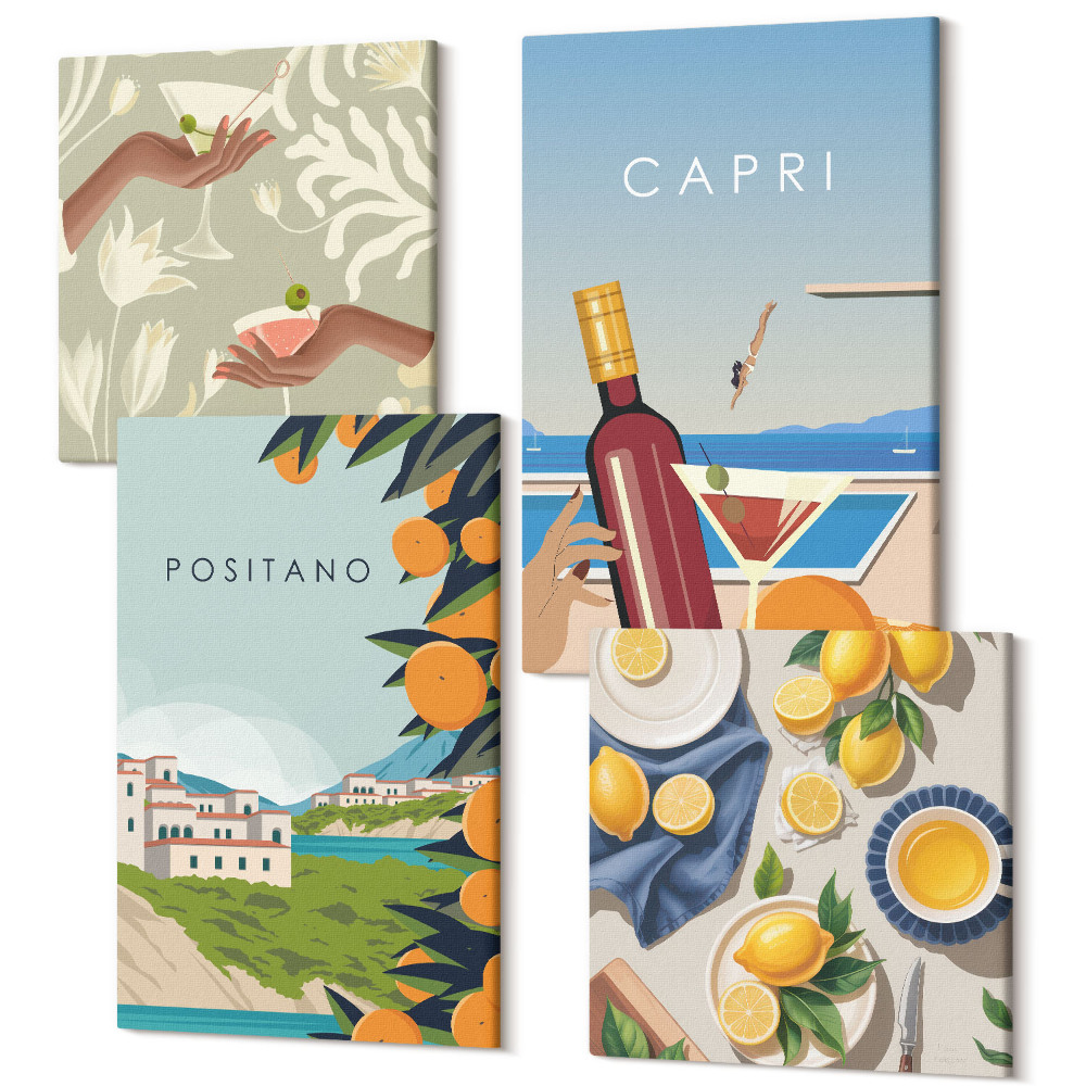 Négy részes vászonkép Nyaralás kilátással olasz citrom, Positano és Capri