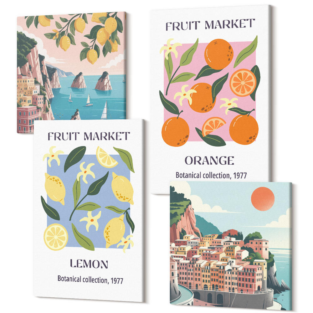 Négy részes vászonkép szett Gyümölcs poszterek citrom, narancs és olasz kilátással