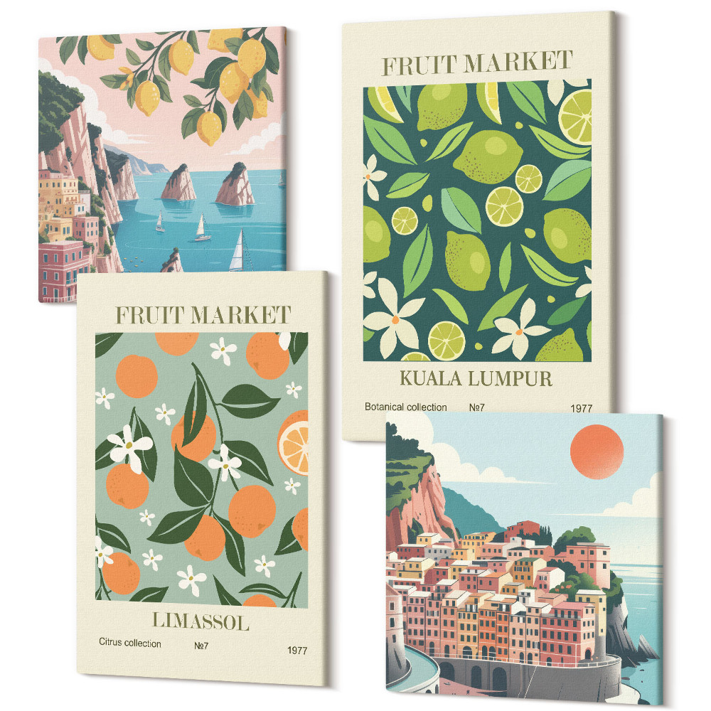 Négy részes vászonkép szett Gyümölcs minták vintage plakátok