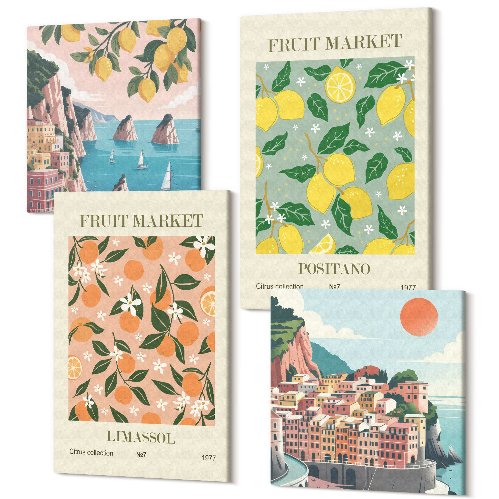 Négy részes vászonkép Citrusok és trópusi gyümölcsök, olasz stílusban