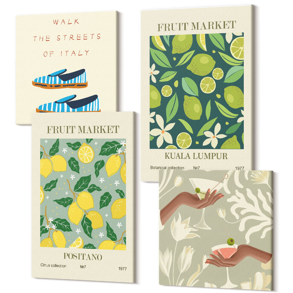 Négy részes vászonkép szett Gyümölcsminták Olasz kultúra plakátok