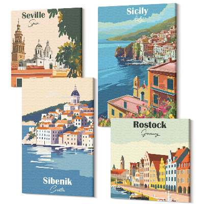 Négy részes vászonkép szett Európai városok tájai színes épületekkel