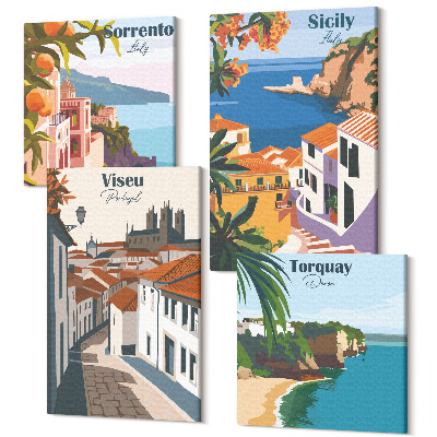 Négy részes vászonkép Retro illusztrációk a világ híres városairól