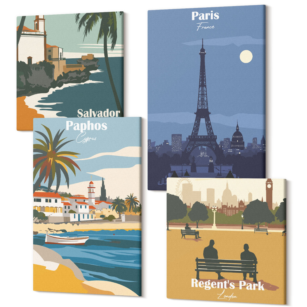 Négy részes vászonkép szett Tengerparti városok és építészetük kilátásai