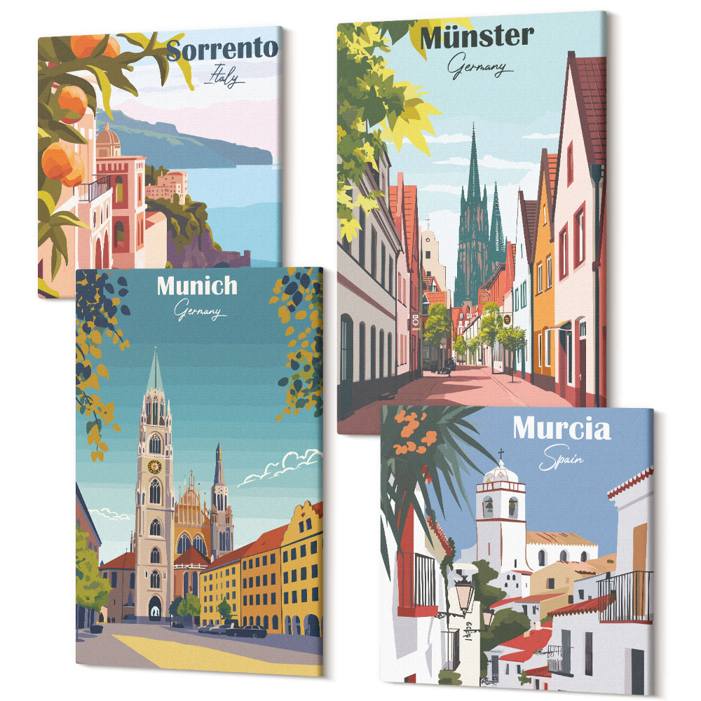 Négy részes vászonkép szett Európai városok színes illusztrációkkal