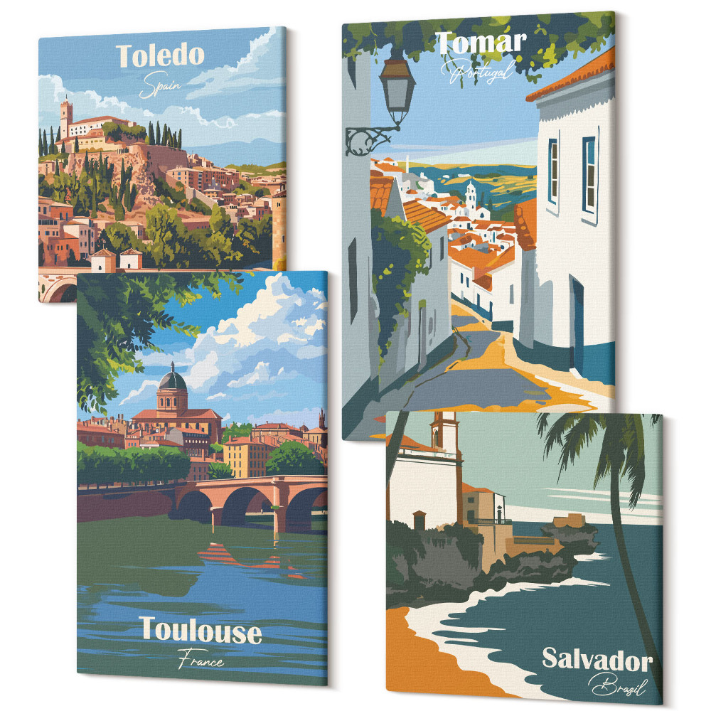 Négy részes vászonkép Híres városok retro stílusú grafikája