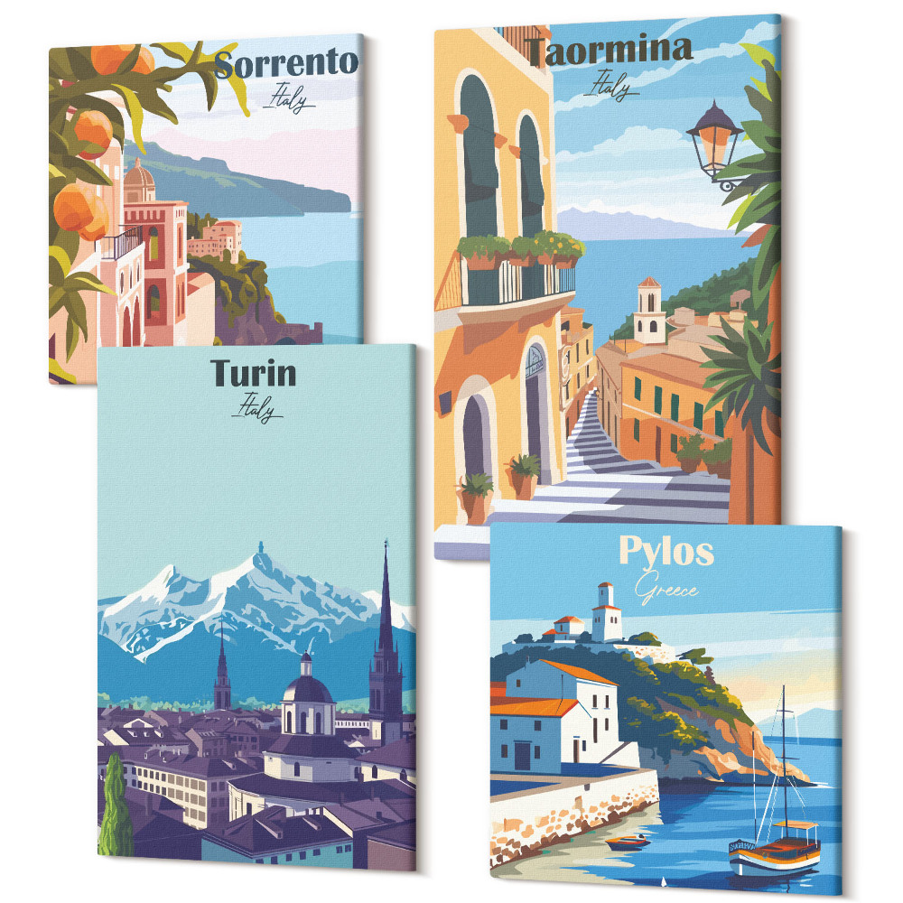 Négy részes vászonkép szett Színes, retro stílusú szemléltető városképek