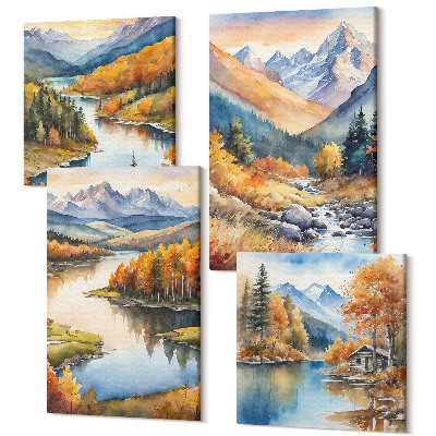 Négy részes vászonkép Kilátás a hegyekre, folyóval és őszi fákkal
