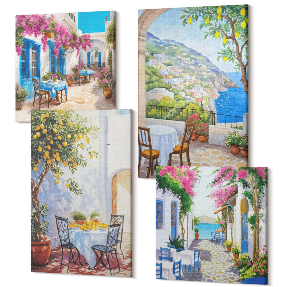 Négy részes vászonkép szett Bájos utcák virágos növényekkel és kilátással a tengerre