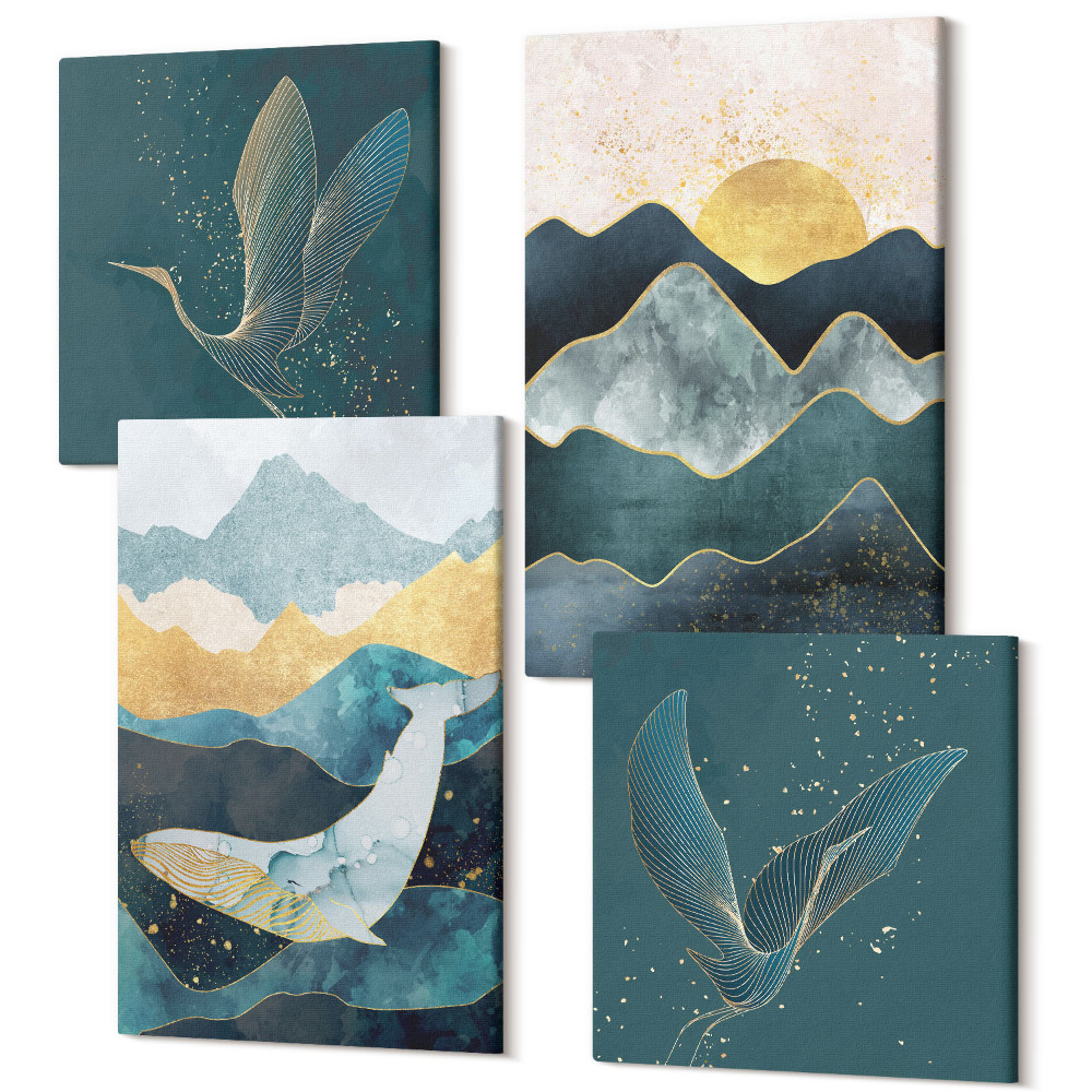 Négy részes vászonkép szett Absztrakt hegyi tájak repülő darukkal