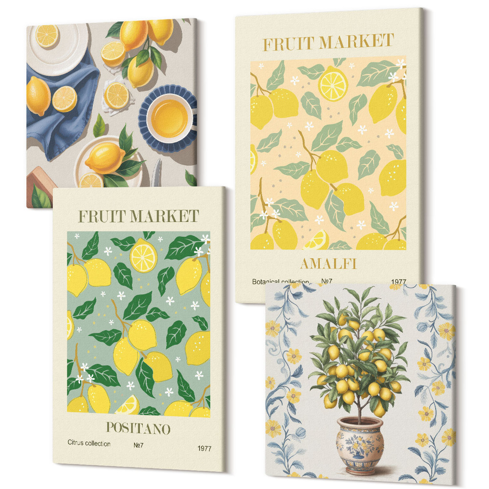 Négy részes vászonkép szett Citrusfa és gyümölcs olasz plakátok