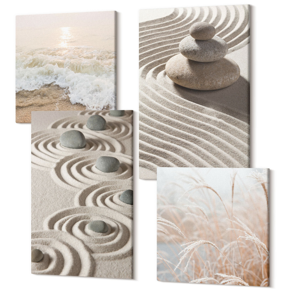 Négy részes vászonkép szett Nyugodt homok- és vízhullámok kövekkel a tengerparton