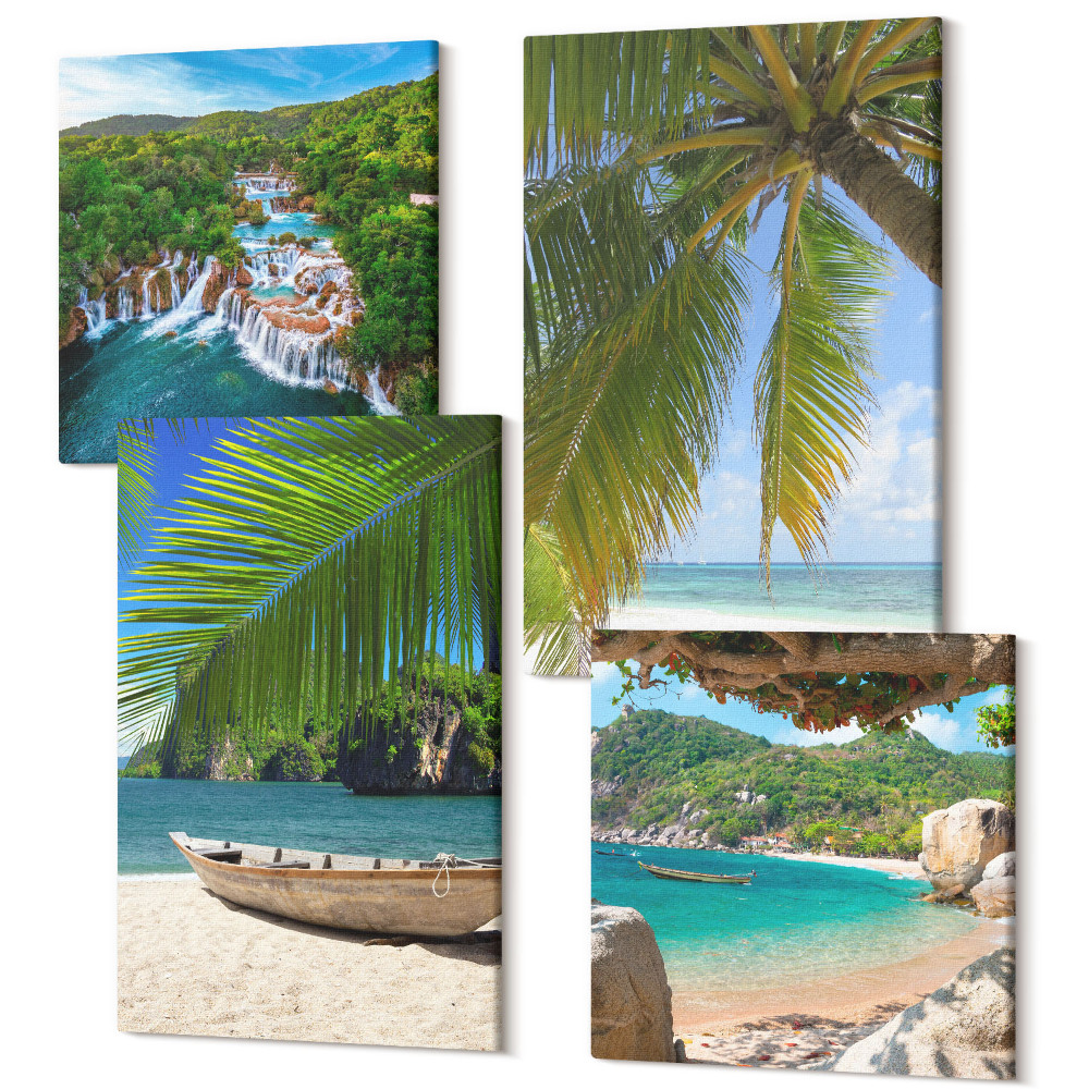 Négy részes vászonkép Strand csónakkal, vízesésekkel és pálmafákkal a trópusokon