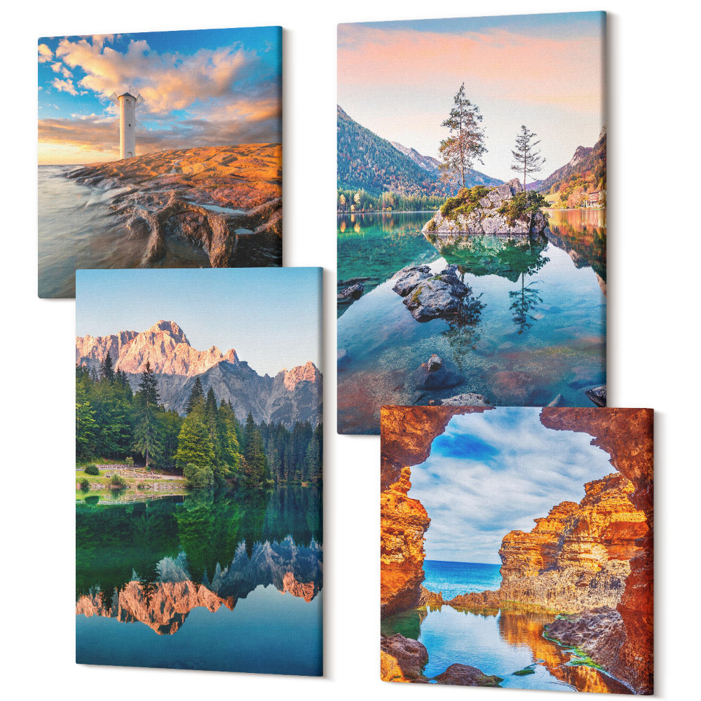 Négy részes vászonkép szett Hegyi tavak tükröződésekkel a vízben és a sziklákban