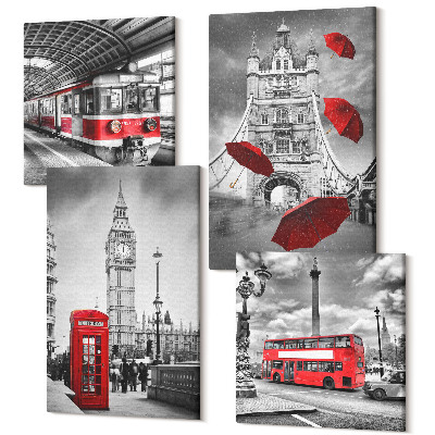 Négy részes vászonkép Vörös akcentusok és híres londoni épületek