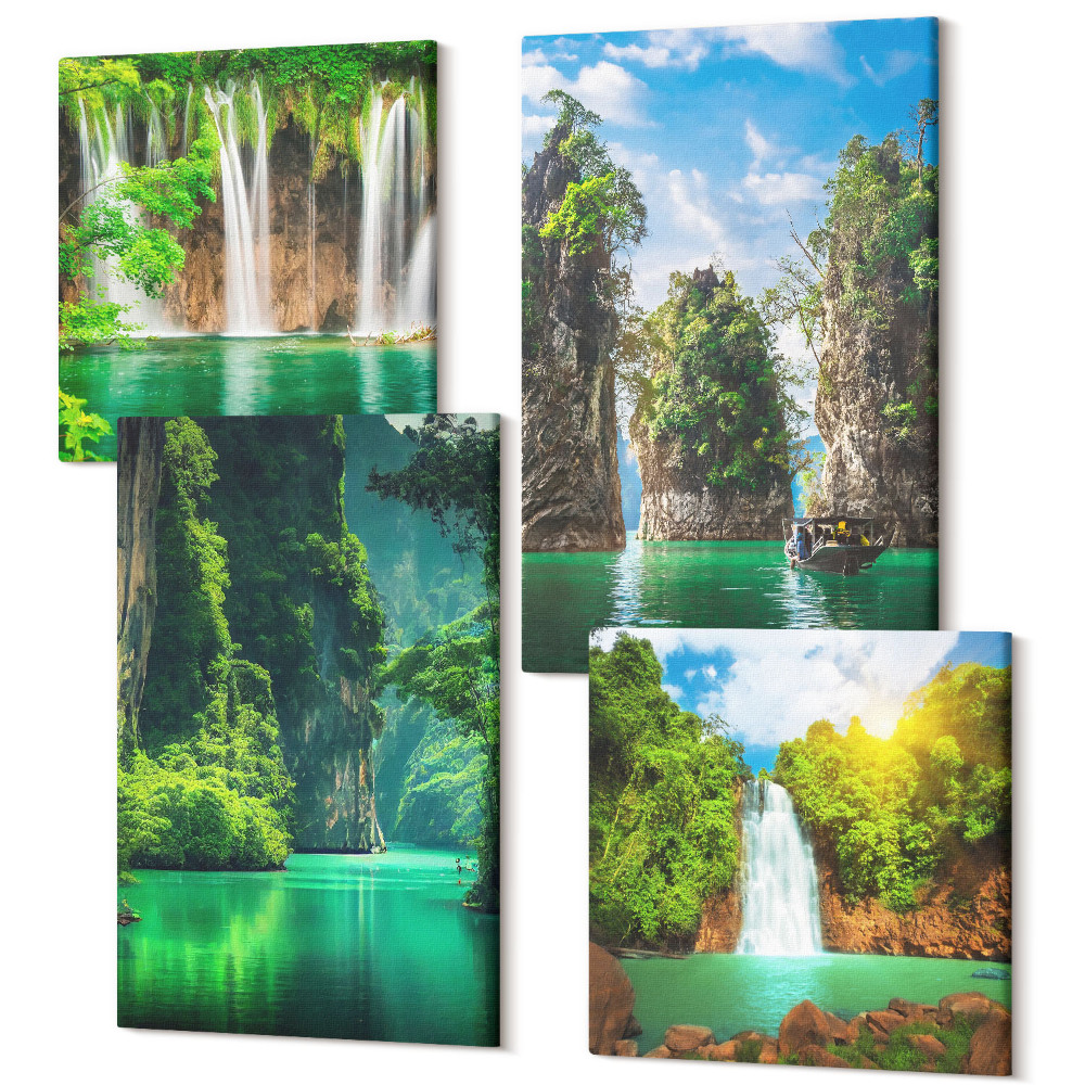 Négy részes vászonkép Zöld tájak vízesésekkel és sziklákkal