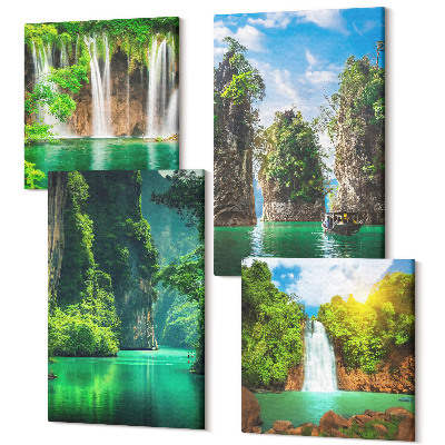 Négy részes vászonkép Zöld tájak vízesésekkel és sziklákkal