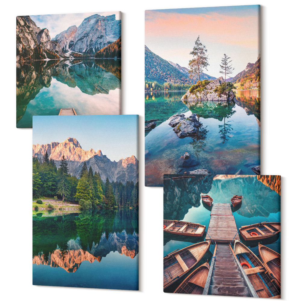 Négy részes vászonkép szett Hegyi tavak tükröződésekkel a vízben és az erdőben