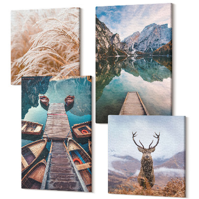 Négy részes vászonkép Tó csónakokkal, szarvasokkal és hegyi tájjal