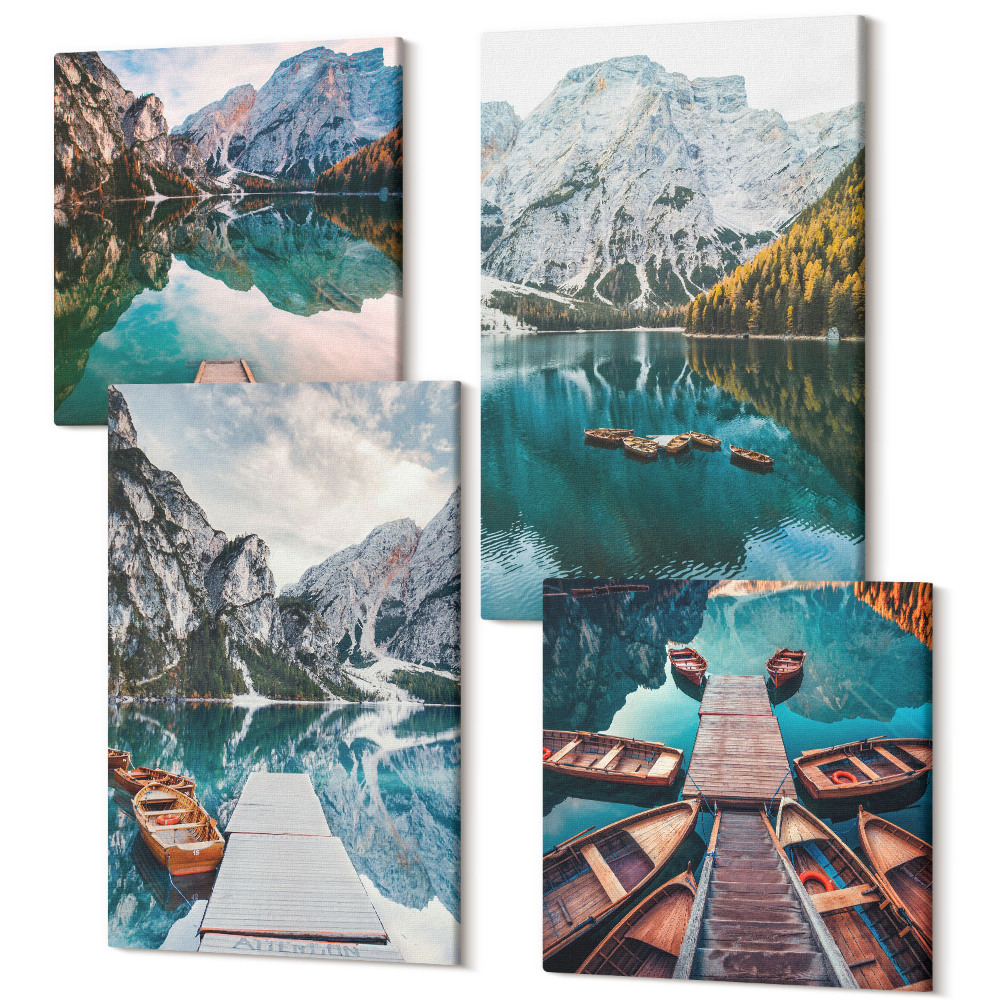 Négy részes vászonkép szett Egy tó fából készült stégekkel és hegyekkel