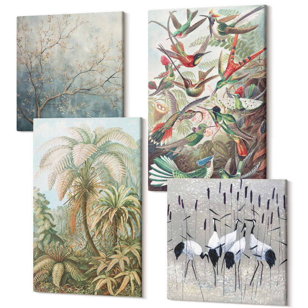 Négy részes vászonkép szett Trópusi növények és színes madarak a természetben
