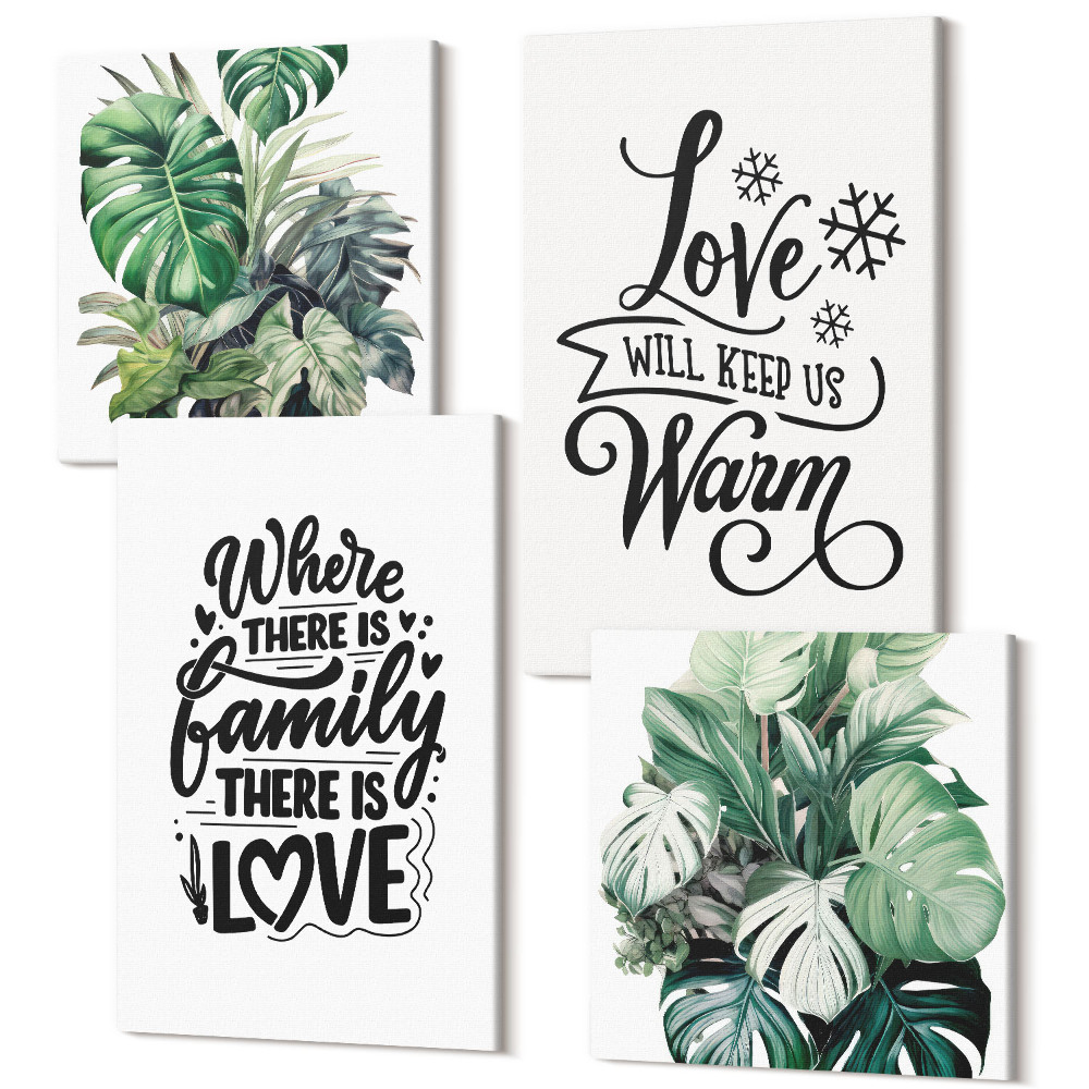 Négy részes vászonkép szett Család, szerelem, otthon, melegség, növényi levelek, akvarell