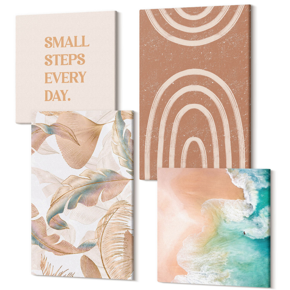 Négy részes vászonkép szett Finom boho motívumok absztrakt levelekkel és betűkkel