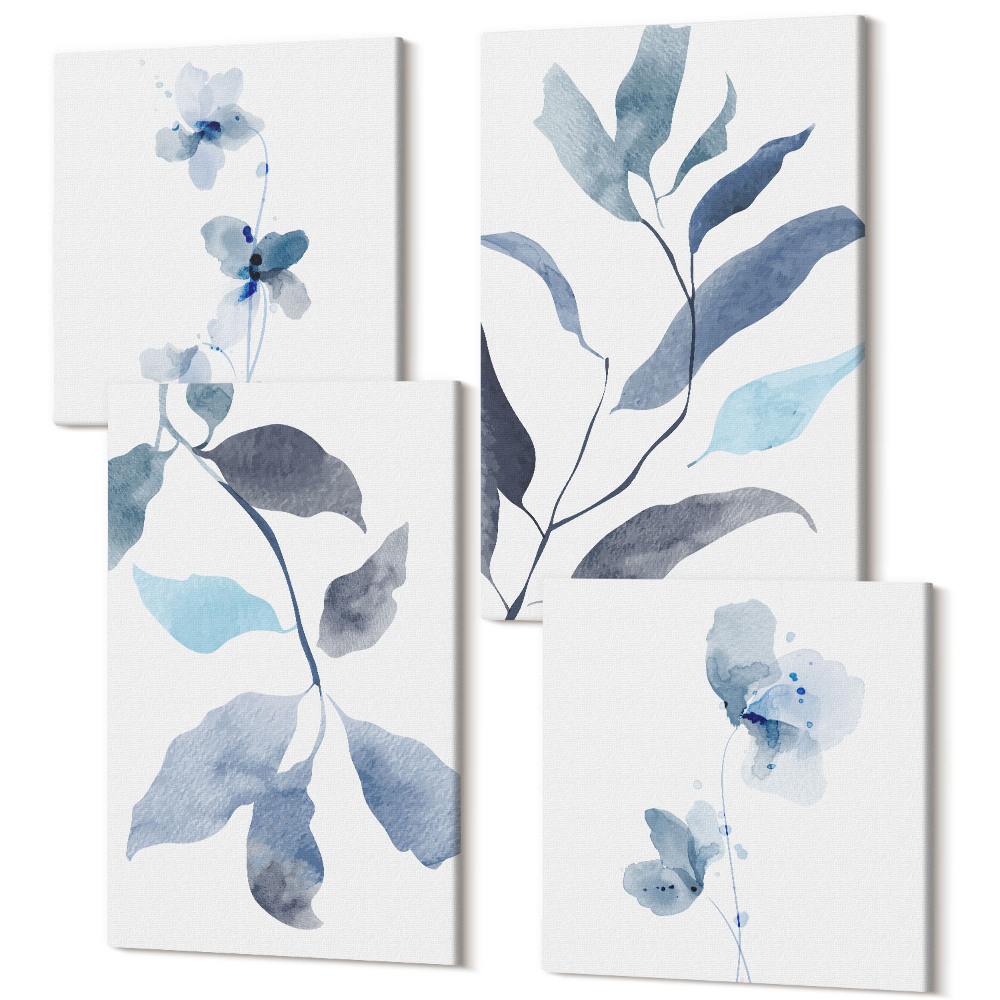 Négy részes vászonkép Kék levelek világos háttéren, akvarell stílusban