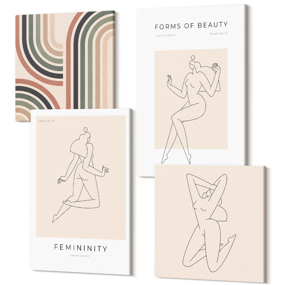 Négy részes vászonkép szett Lineáris női sziluettek minimalista plakátokon