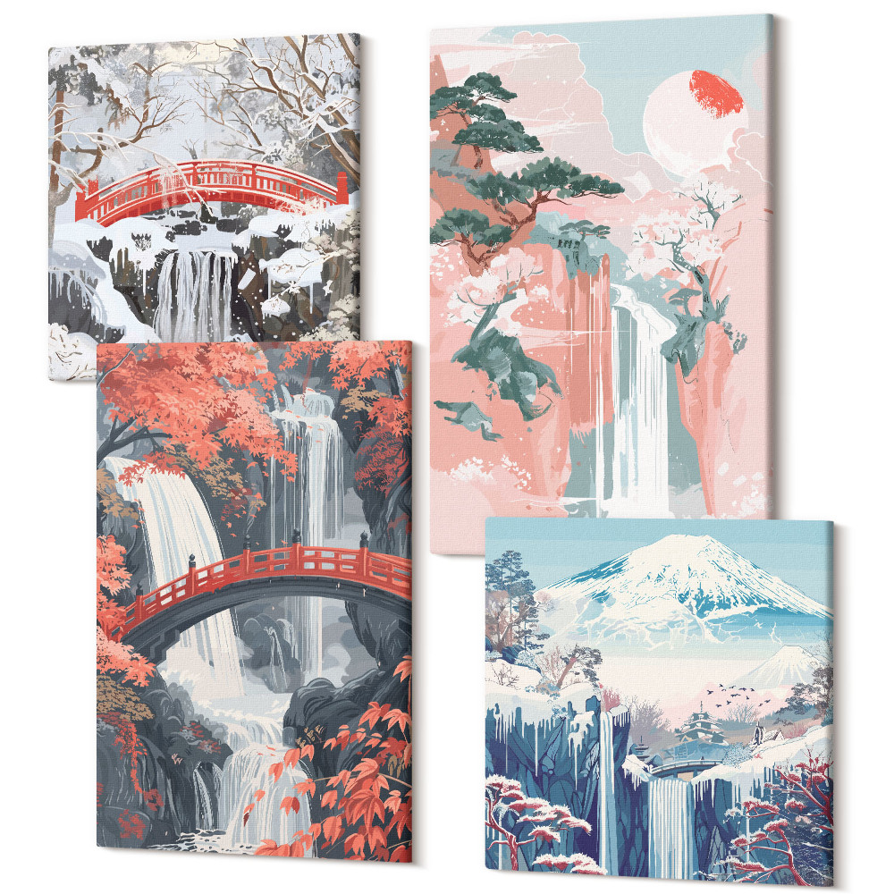 Négy részes vászonkép szett Vízesések különböző évszakokban hidakkal és fákkal