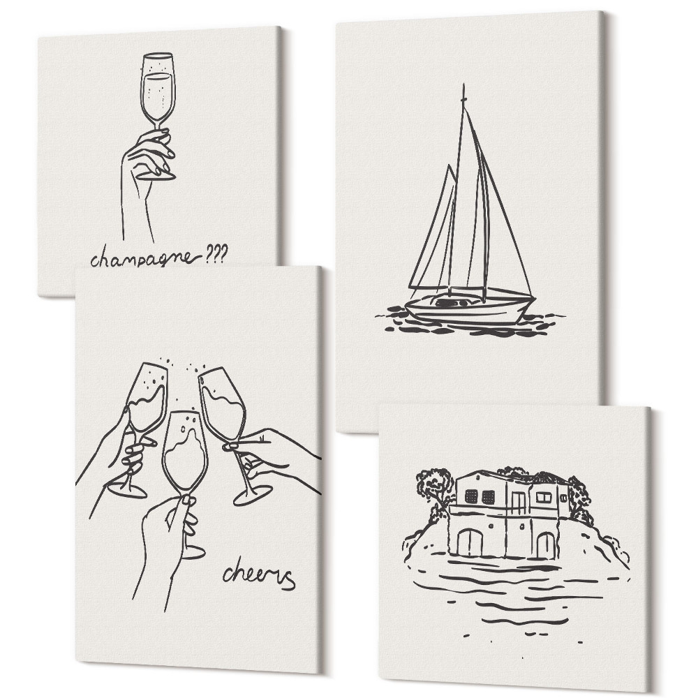 Négy részes vászonkép szett Kilátás a házra a víz mellett, pirítós pohárral, vitorlás