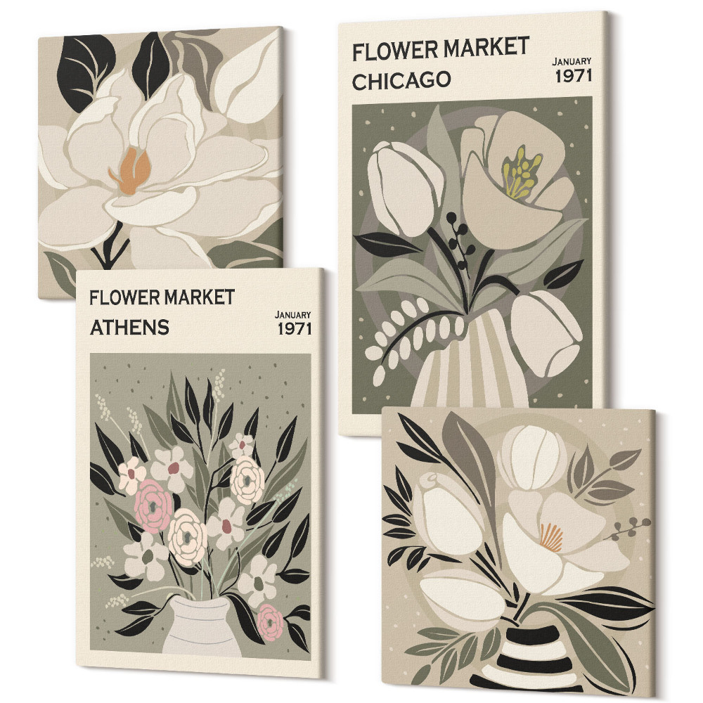 Négy részes vászonkép szett Retro stílusú virágdíszek különböző városokból