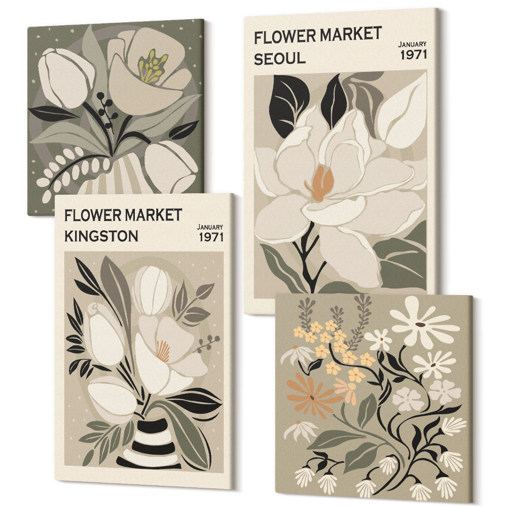 Négy részes vászonkép szett Kingston Seoul Flowers Retro stílusú illusztrációk