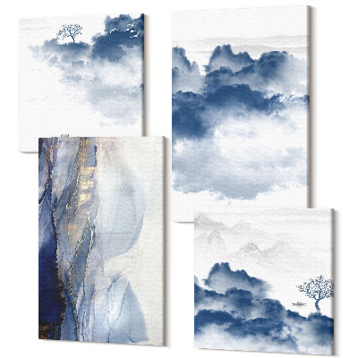 Négy részes vászonkép Felhő hegyek fákkal és madarakkal a háttérben