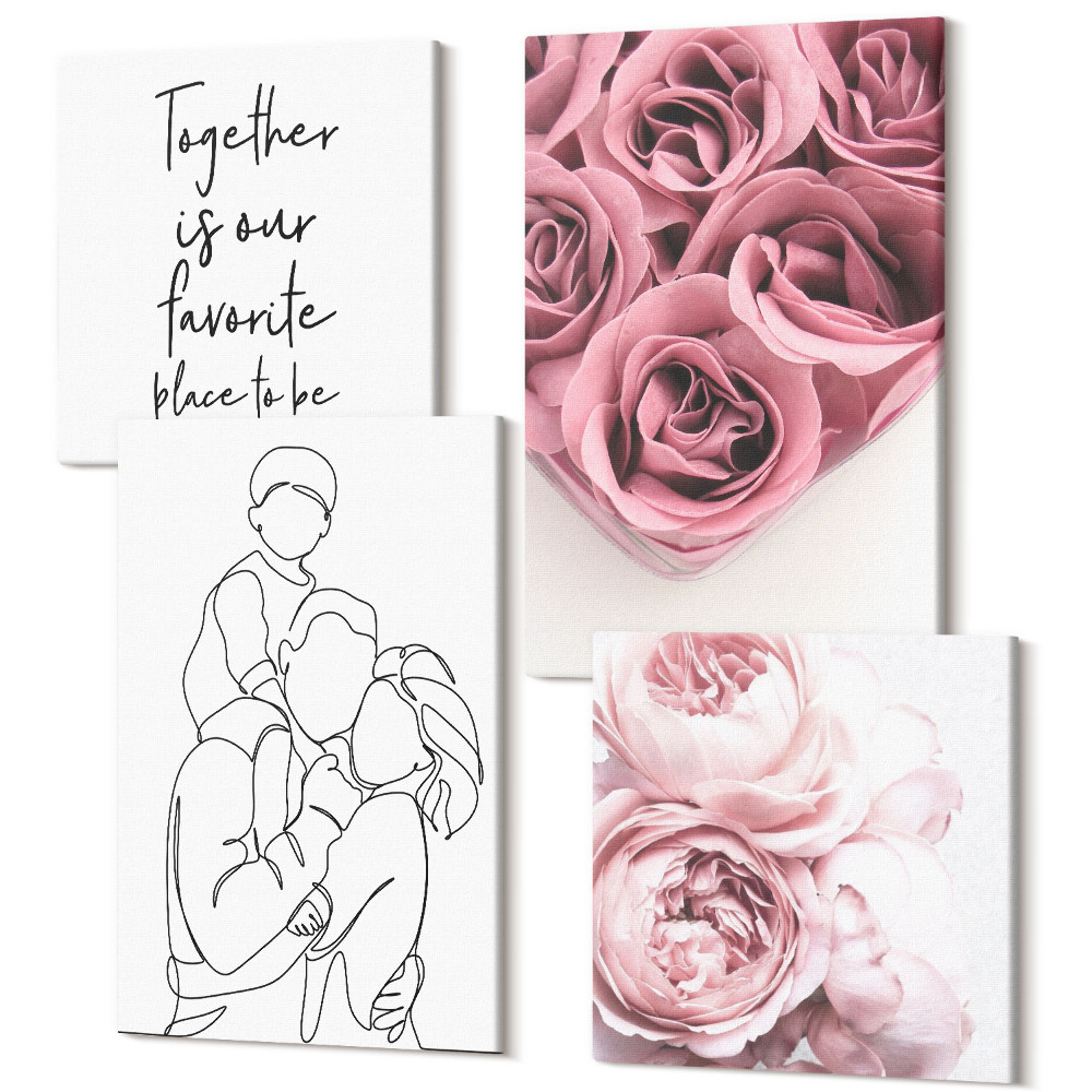Négy részes vászonkép Family line art rózsacsokrok otthoni felirat