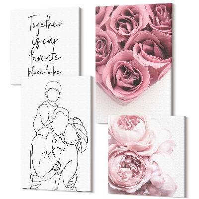 Négy részes vászonkép Family line art rózsacsokrok otthoni felirat