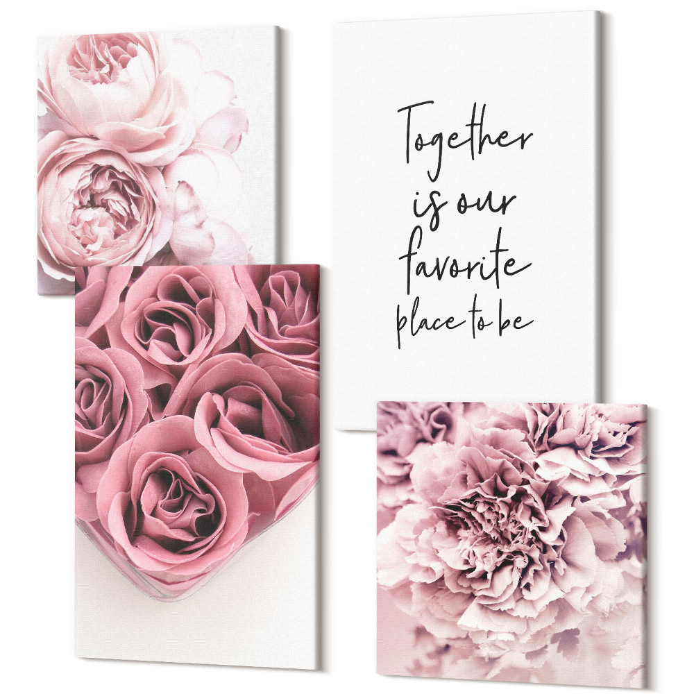 Négy részes vászonkép szett Virágok és rózsacsokrok házi készítésű felirattal