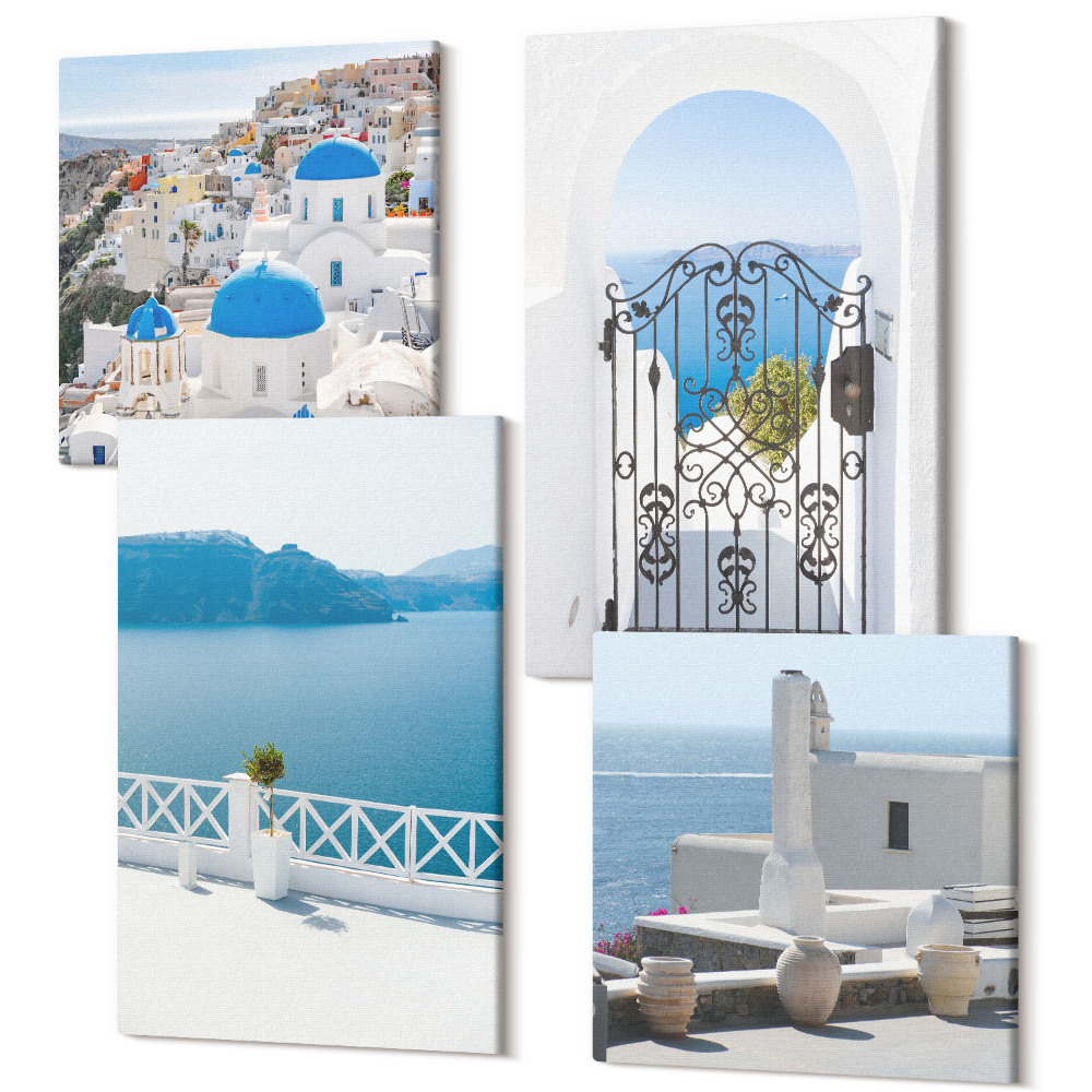 Négy részes vászonkép Tengerre néző kilátással fehér épületekkel Görögország