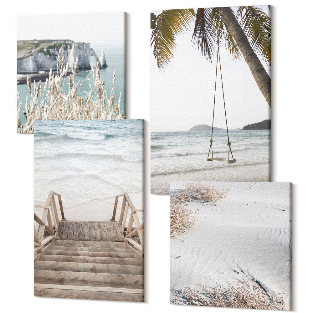 Négy részes vászonkép szett Strand fa lépcsőkkel és tengerparti hintával