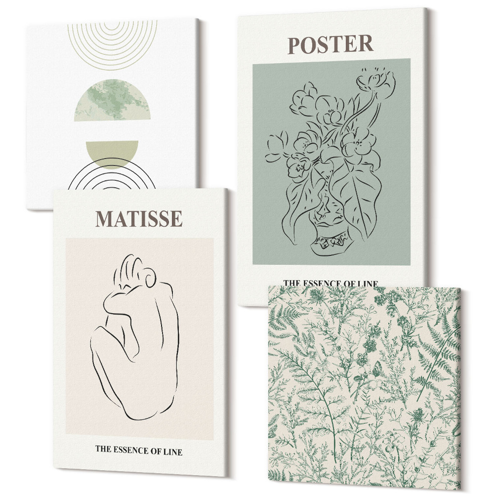 Négy részes vászonkép szett Vonalak és növényi minták minimalista stílusban