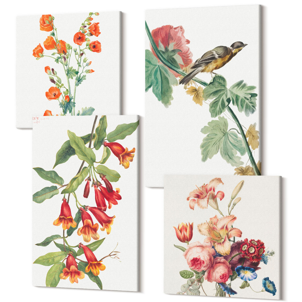 Négy részes vászonkép szett Festett retro virágok és egy madár egy ágon